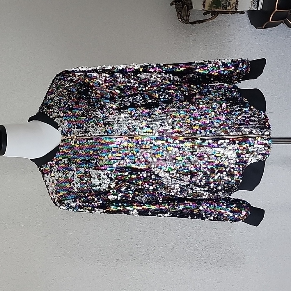 Cresay Sequin Bomber Jacket Full Zip Long Sleeves